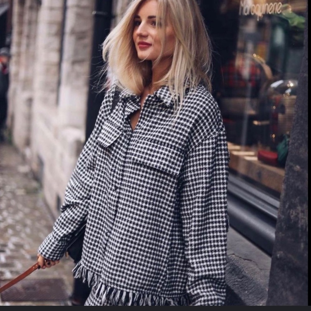 Zara Tweed Frayed hem Houndstooth Shacket